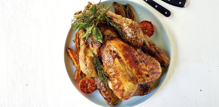 Dinde aux airelles et aux amandes, chicons et patates douces